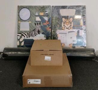 Set of 2 Animal Bathroom Canvas Prints &ndash; Zebra in Tub & Tiger on Toilet, toilet seat, filters, and rug