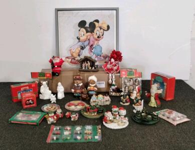 Large Lot Holiday Figurines Ornaments, Halloween costume/cosplay Demon Slayer (size S), Vintage Nativity Sets, Boxed Decor & Disney Framed Print