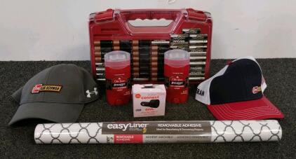 Household & Promotional Mixed Lot: Battery Organizer, Les Schwab Hats, Old Spice Deodorant, Onn Car Charger, Duck Brand Shelf Liner
