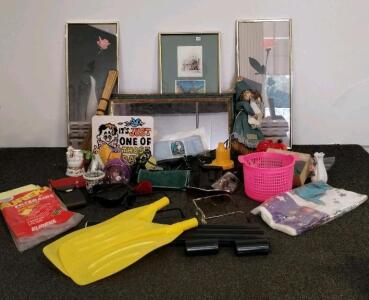 Large Mixed Lot: Framed Art, B.A.S.S. Sunglasses, Eureka Dust Bags, Decor, Tools, Inflators