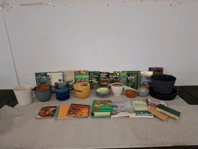 Large Collection: 26 Gardening, Art & Recipe Books + 9 Decorative Ceramic & Plastic Planters, two carpet runners