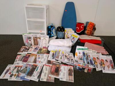 Large Sewing & Cosplay patterns Supply Lot &ndash; 40+ Patterns, Mixed Fabrics, Thread, Storage Accessories, Costumes. (Shelf K)