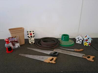 Assorted Hand Saws (Including Backsaw and Pruning Saw) - Mixed Lot, soaker hose, Christmas tree base, birdhouses, trashcan and more