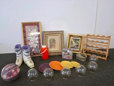 Women's ski boots,,unsure of size. Wall art, colorful plates, light globes. Wine rack, small drone, and more ( shelf H )