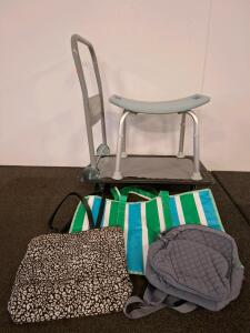 Hyper Tough 330 lb Platform Cart, Adjustable Shower Seat, Vera Bradley Bags, Striped Tote. ( shelf L)