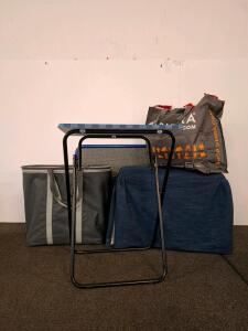 Mixed Lot: Folding Table 24"x18", Upholstered Bench, Laundry Bin, Bulletin Board, 13 Assorted Bags (shelf I)