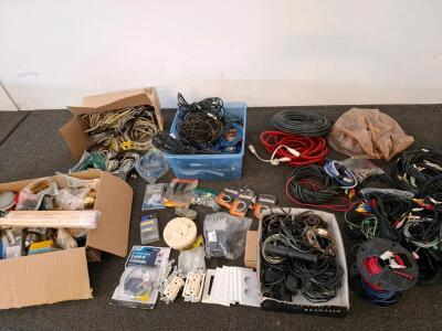 Assorted Lot: Ethernet, RCA, Coax, Power Cables & Electrical Hardware, Mixed Wire Rolls. ( shelf I)