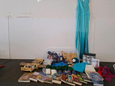 Massive Craft Lot: Yarn, Sewing Notions, Simplicity Pattern, 13 Fantasy Books (McCaffrey/Tolkien) (shelf J)