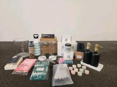 Mixed Lot Home & Household - Glass Vase, Soap Dispensers, Castor Oil, Phone Case, Pillows, Candles (Shelf J)