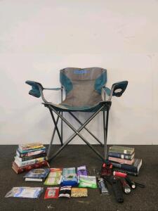 Lawn Chair, Beverage Warmer, Literature, and Other Household Items Lot (Shelf J)