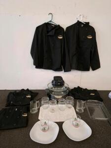 KNG Black Chef Coats, RN 104547, Unisex, Polyester, Lot of 5, Logo Patch, Medium, sharper image air fryer,( powered on. Bakeware and more