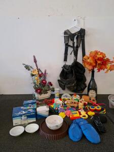Tool bags with suspenders. Kitchenware, vintage toys, including wood cars, home decor mittens and more
