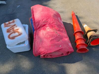 Construction Lot: 22'x11' Tarp, 6 Orange Traffic Cones, 2 Styrofoam Coolers, Used Condition