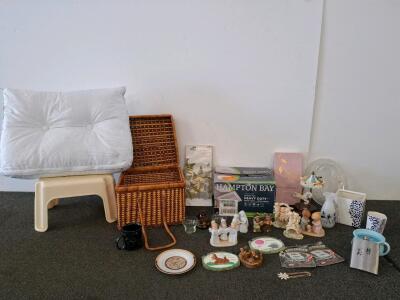 Ehaust fan( new in box) picnic basket, wedge pillow, step stool. Kentucky Amber Glass Mini Jug and 2 Clear Shot Glasses Collectible Souvenir Set , precious moments collection. *(shelf L)