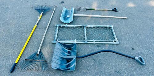 Assorted Outdoor Tools: 2 Leaf Rakes, 2 Snow Shovels, Pitchfork & 3x5 ft Chain Link Gate