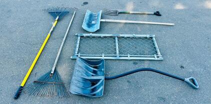 Assorted Outdoor Tools: 2 Leaf Rakes, 2 Snow Shovels, Pitchfork & 3x5 ft Chain Link Gate