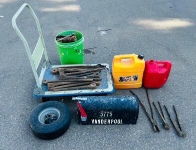 Vintage Utility Lot: Toolbox Blacksmith Tools, Blitz Red Gas Can, Wheel, Cart, Mailbox, Welding Rods