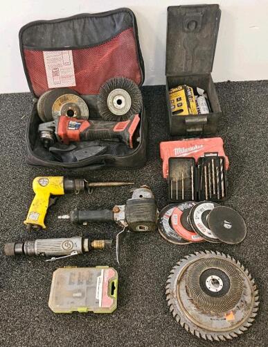 Bauer Cordless Angle Grinder, Milwaukee Drill Bits, Hurricane Air Hammer, Chicago Pneumatic Die Grinder, Accessory Lot (b)