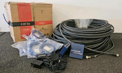 Netgear GS105 5-Port Gigabit Switches, Monoprice 1000ft Cat5e Cable, Coax Spool, Patch Cables