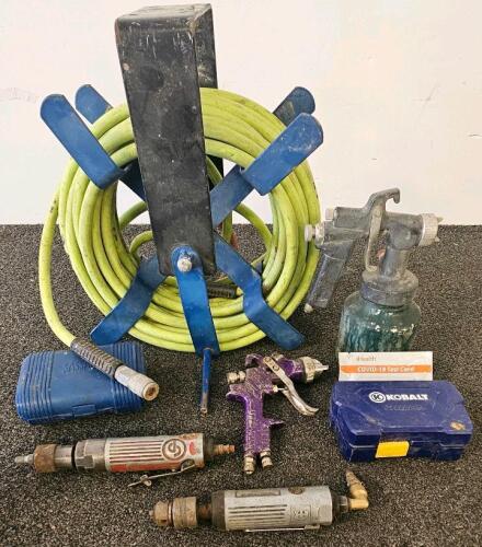Air Tool Lot &ndash; Hose Reel with 50 ft Hose, 2 Die Grinders, 2 Spray Guns, Kobalt Bit Kit