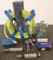 Air Tool Lot &ndash; Hose Reel with 50 ft Hose, 2 Die Grinders, 2 Spray Guns, Kobalt Bit Kit