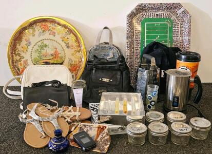 Vava electric kettle (tested, works), canning jars, baseball caps, Alien body lotion, Jessica Simpson perfumes, grater, serving trays, and more