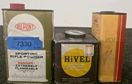 DuPont SR-4759 Sporting Rifle Powder 8oz & Hodgdon H450 Spherical Rifle Powder 1lb Vintage Cans Vintage Hodgdon 4831 Rifle Powder Can & Hercules HiVEL No. 2 Smokeless Powder, 1 lb, 1950s-60s USA