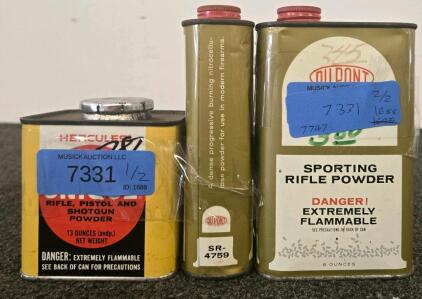 Vintage Hercules Unique & DuPont SR-4759 Smokeless Powder Cans, 13oz & 8oz, Wilmington DE Vintage Hodgdon 4831 and DuPont SR-4759 Smokeless Rifle Powder Can Set, 1lb & 0.5lb Metal Cans