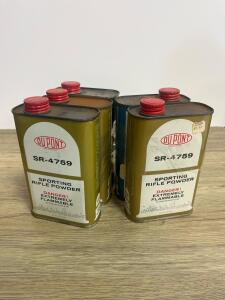 Vintage DuPont SR-4759 and 4831 Smokeless Sporting Rifle Powder 8oz Cans, Pachmayr Sticker, Vintage DuPont IMR-4831 & SR-4759 Smokeless Rifle Powder Tins, 16oz & 8oz, Wilmington DE, Metal Can