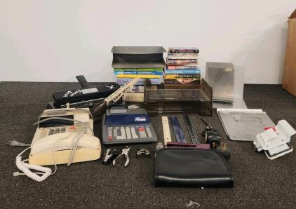 Mixed Lot Vintage Office Supplies &ndash; Calculators, Phone, Trays, Books, Organizers, Tools (Shelf J)