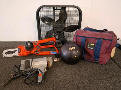 John Oster Cummins 1/2" Industrial Drill Model 335, 115V, 550 RPM Heavy-Duty USA, electric tree trimmer, bowling ball with bag, box fan. All powered on.