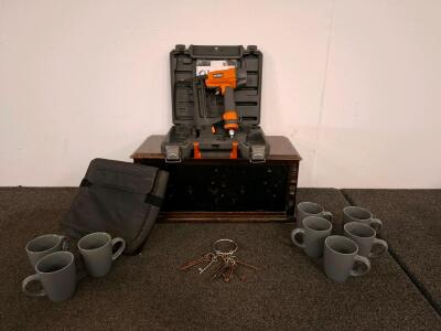 RIDGID R150FSA Finish Stapler w/Accessories & KING RADIO Wooden Cabinet, coffee cups. Vintage keys.