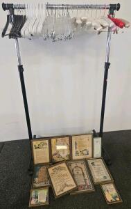 Set of Vintage Framed Inspirational Motto Prints, Early 20th Century, Mother Theme. Adjustable Rolling Garment Rack, Single Rail, 48" w/ ~40 Assorted Hangers, Steel Frame, Casters