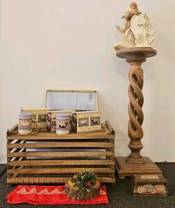 Vintage Brick & Hollis Los Angeles Wooden Shipping Crate, Slatted Produce Box, 30" x 18". Plant stand, angel figurines, Four sets of rooster salt & pepper shakers, and more (A)