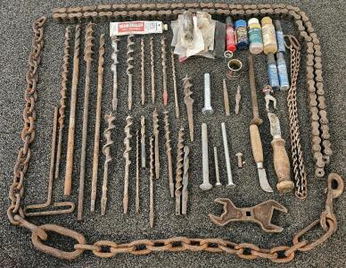 Vintage Mixed Lot: Auger Drill Bits, Wrenches, Chains, Knives, Touch-Up Paints, and Hardware