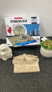 Bird Welcome Sign, Hedgehog Figure, Fake Potted Plant and Toronto 4D Puzzle