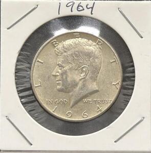 1964 Kennedy Half Dollar, 90% Silver, 12.50g, 30.6mm, U.S. Coin, Uncertified, Circulated
