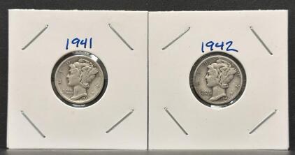 1941 & 1942 Mercury Dimes, 90% Silver, 2.50g Each, 17.91mm Diameter