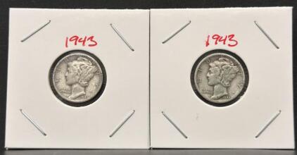 1943-D Mercury Dime Pair, 90% Silver, Denver Mint, WWII Era, Circulated Condition