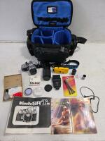 Working Minolta SR-T 101 35mm SLR Kit w/ MC Rokkor 58mm f/1.4 Lens, Flash, Manuals, Case, Accessories