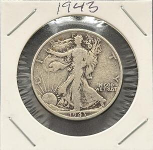 1943 Walking Liberty Half Dollar, 90% Silver, U.S. Coin, Cardboard Flip Holder, Eagle Design