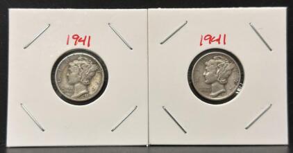 1941 Mercury Dimes, 90% Silver, Circulated Condition