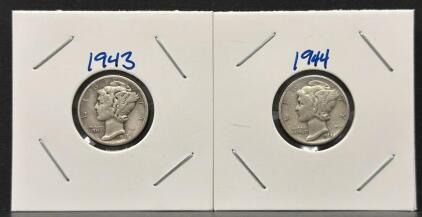 1943-S & 1944 Mercury Dimes, 90% Silver, San Francisco & Philadelphia, Winged Liberty Head
