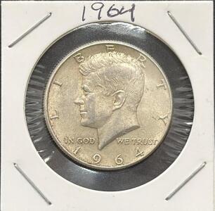 1964 Kennedy Half Dollar, 90% Silver, Circulated, U.S. Coin, 12.50g, 30.61mm