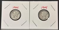 (2) 1944 Mercury Dimes (Silver, Winged Liberty Head), Philadelphia Issue, Circulated, 2x2 Holder