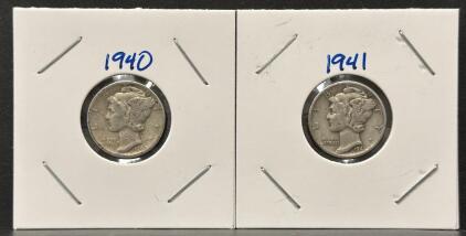 1940 & 1941 Mercury Dimes, 90% Silver, Circulated, Philadelphia Mint, Winged Liberty Head