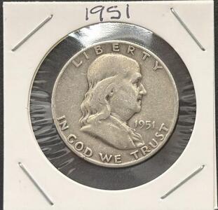 1951 Franklin Half Dollar, Philadelphia Mint, 90% Silver, Circulated, Liberty Bell Design