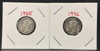 1935 & 1936 Mercury Dimes, 90% Silver, Philadelphia Mint, Circulated, Adolph Weinman Design