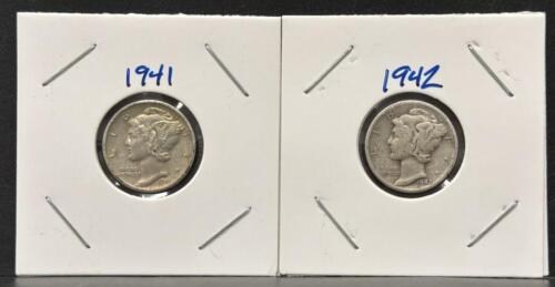 1941-D and 1942-S Mercury Dimes, 90% Silver, Adolph Weinman Design, Circulated
