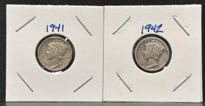 1941-D and 1942-S Mercury Dimes, 90% Silver, Adolph Weinman Design, Circulated